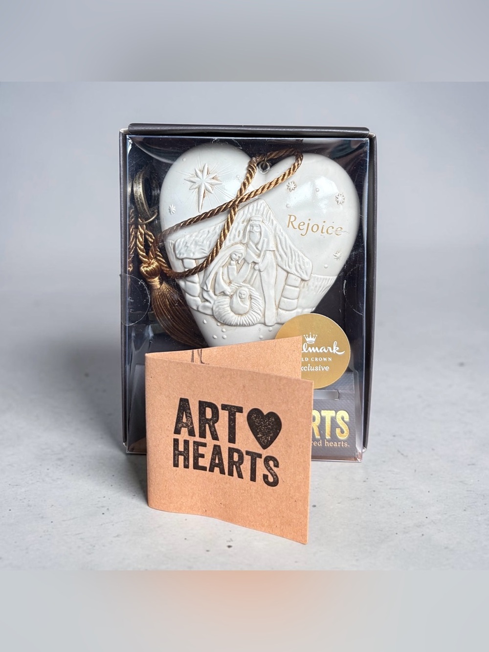 NIB DEMDACO Rejoice Holy Family Art Heart Ornament White Carved Nativity Decor